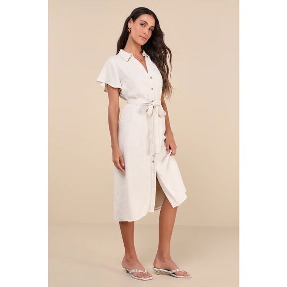 Lulus Italian Summer Linen Midi Dress Womens Medium Beige Button Front Tie Waist - Picture 2 of 13